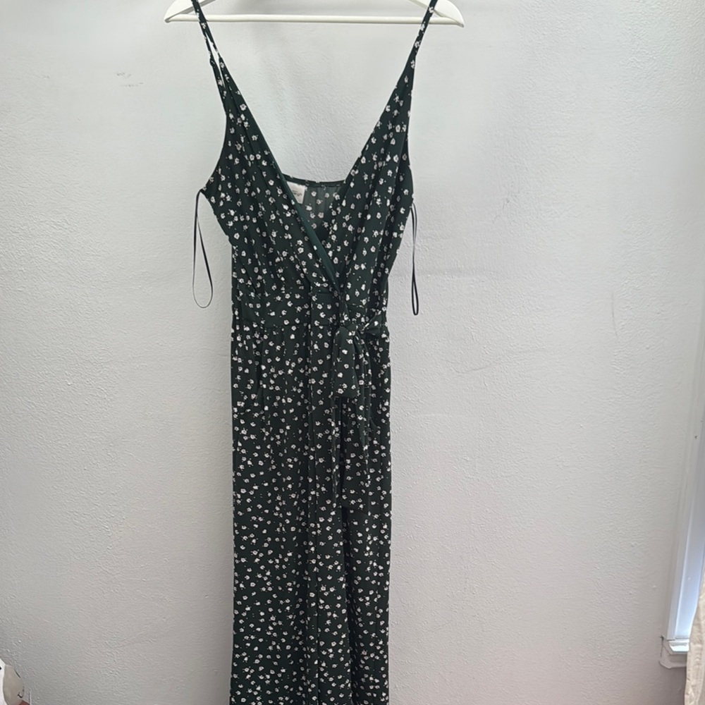 Kaileigh White and Green Jumpsuit with V-Neck and Wide Leg